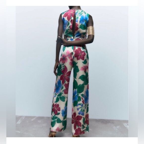 ZARA FLORAL WIDE-LEGS JUMPSUIT WOMEN’S S SMALL ROMPER summer fall NWT - Picture 3 of 4